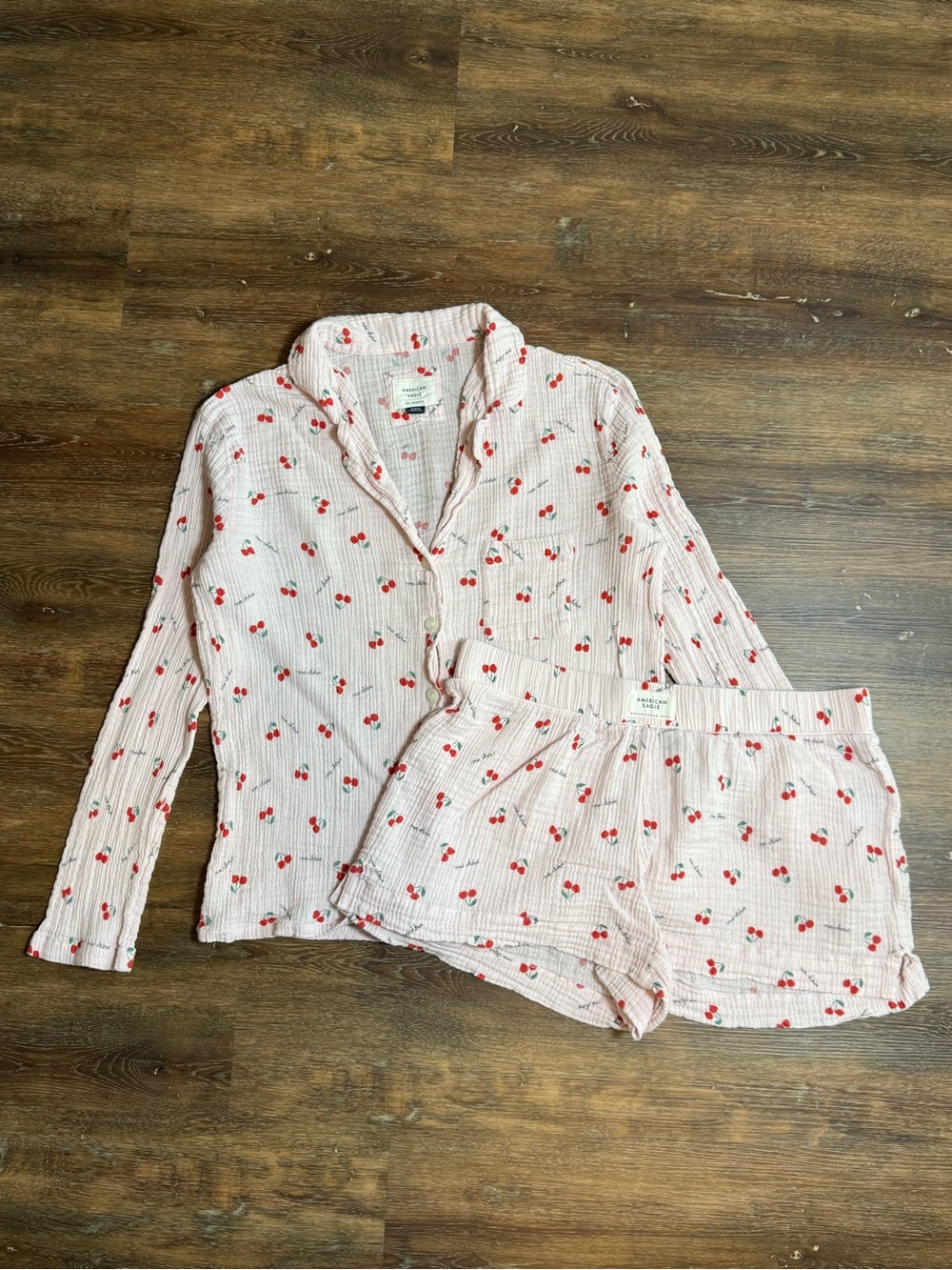 American Eagle AE Lounge | Cherry Print Gauze Pajama Set | Pink | Medium